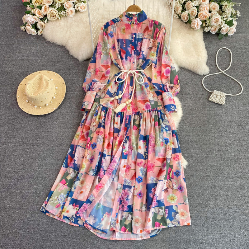 

Casual Dresses Summer Dresses Women 2023 Spring Autumn New Stand Empire Lace Up Print Long Dress Vintage Fashion French Chic Wild Vestidos, Same as picture