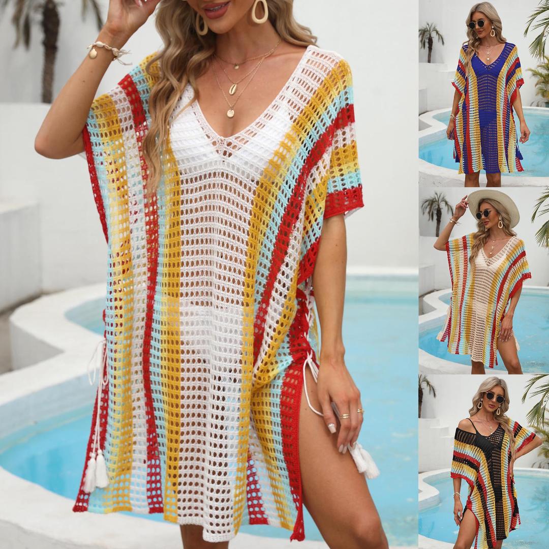 

Knitted Beach Tunic for Woman Swim Cover Up String Split Beachwear Crochet Swimsuit Cover-ups Stripped Pareo 2023 Bathing, Stripped white