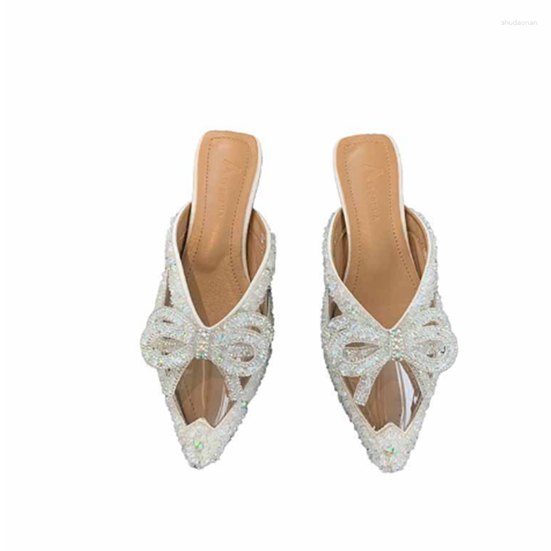 

Slippers Women Clear Luxury Rhinestons Bow-Knot Half Front Closed Toe Shallow Mouth Flat Shoes Thick Bottom Slides Black Beige 7