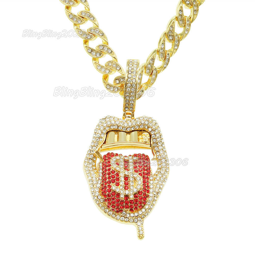 

Hip Hop Rap Decoration Full Diamond Three-dimensional Dollar Tongue Pendant Trendsetter Exaggerated CUBAN CHAIN NECKLACE Locket Necklaces Druzy Jewelry