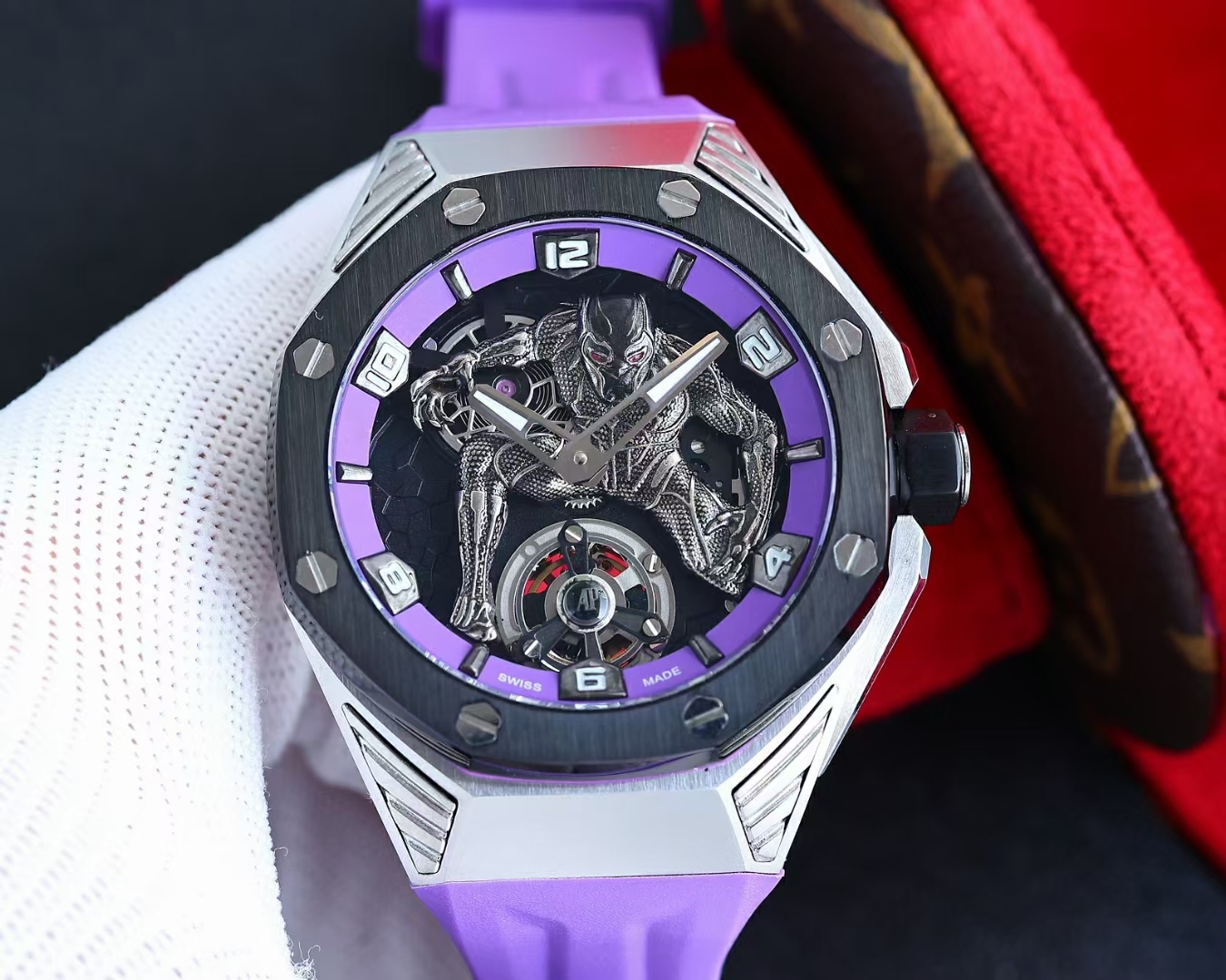 

New Black Panther 26620 Mens Watch Swiss 2965 Hand winding Tourbillon Mechanical Wristwatch 28800 vph Power Reserve Skeleton Dial Titanium Case Sapphire Crystal