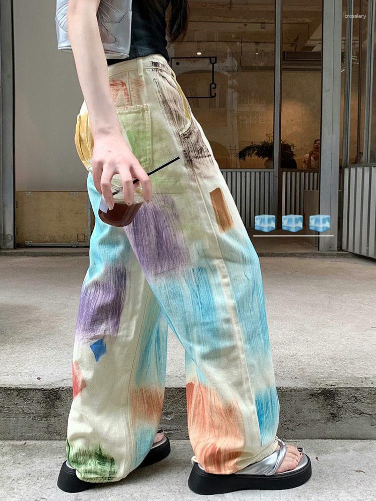 

Women' Jeans Women Pants Chic Summer 2023 Paintings High Waist Vintage Wide Leg Long Trouser Denim Streetwear Fashion Jogger, Color