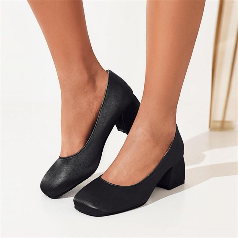 

Dress Shoes Ladies Fashion Square Toe Pumps Matte Leather Solid Color Shallow Thick High Heeled Casual Daily All Match For Women, Black
