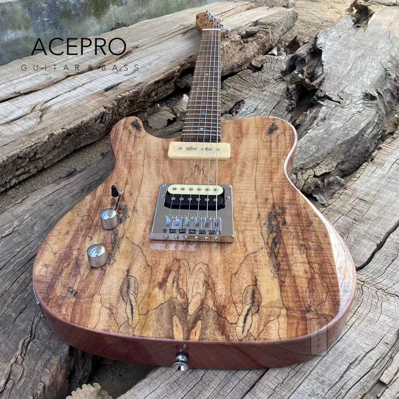 

ACEPRO Left Handed Electric Guitar Natural Color Spalted Maple Top Roast Maple Neck Abalone Dots Inlays Quality Chrome Hardware