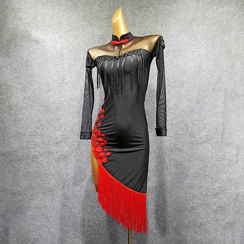 

Stage Wear 2023 Long Sleeve Bare Back Flower And Tassel Latin Dance Dress Dancing Performance Women Ballroom Samba Tango W252, Black
