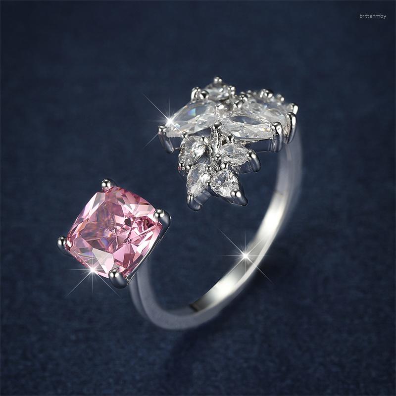 

Wedding Rings Cushion Cut Square Pink Zircon Leaf For Women Silver Color White Crystal Bands Promise Engagement Ring Jewelry CZ