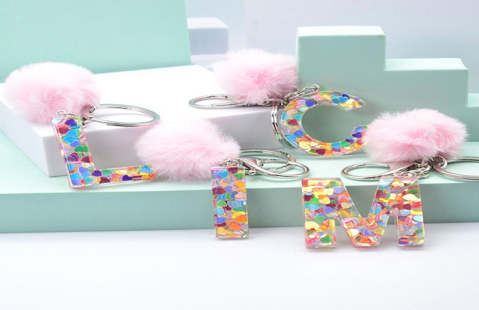 

Creative Love Sequin Keychain Resin Epoxy 26 Glitter English Letter Ornaments Pink Pompom Keychains Charm Bag Keyring Gifts5632511