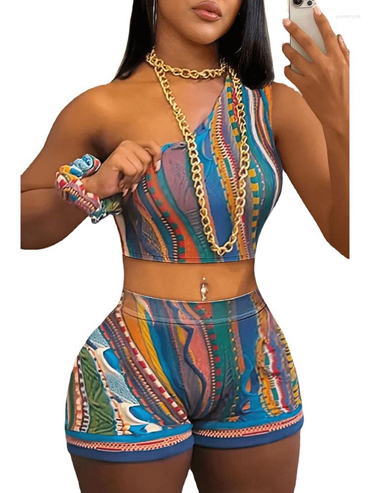 

Women's Tracksuits Szkzk Multicolor Prints Two Piece Women One Shoulder Tank Crop Top And Shorts Sexy Suit Summer Night Club Party 2pcs Set, Green