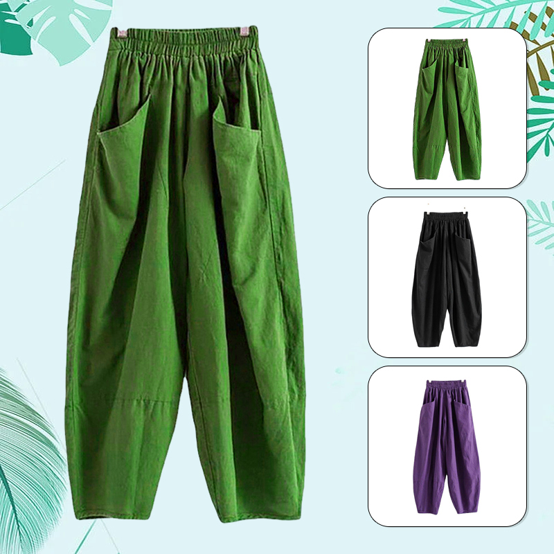 

Summer Thin Cotton Linen Harem Pants Women Elastic Waist Casual Hippy Loose Trousers Baggy Drop-crotch Pocket Wide Leg Pants, Green