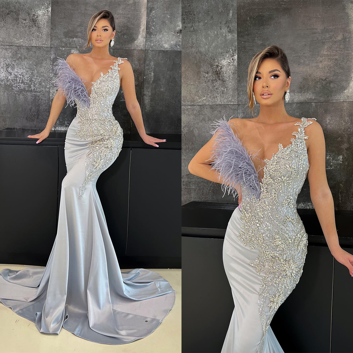 

Silver Sparkly Prom Dress V Neck Feather Crystal Beading Illusion Mermaid Evening Gowns Sweep Train Special Occasion Wear, Red