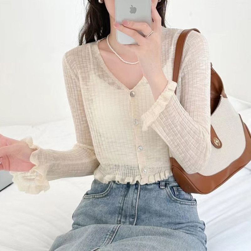 

Boring Honey Top Summer Sunscreen Knitting Cardigan Women Thin Transparent Laced Shawl Long Sleeve Sweater Shirts Lady Crop, Blue