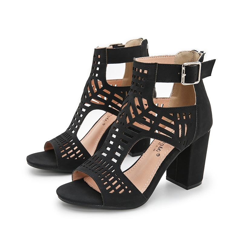 

2023 Summer New European and American Shoes Large Sized Women's Shoes Thick Heels High Heels Hollow Fish Mouth Sandals Female, Grey