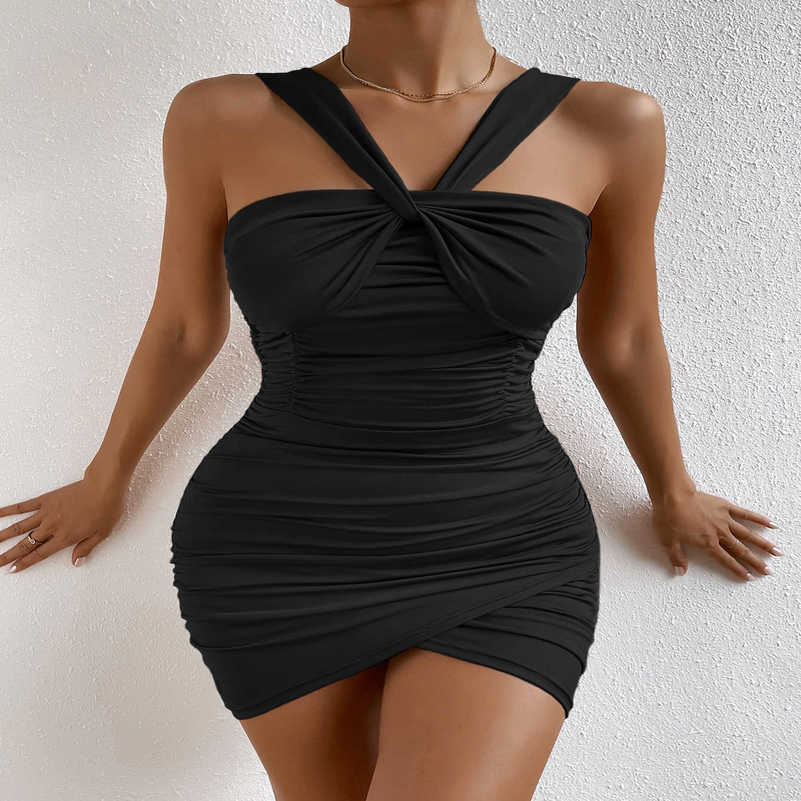 

Spring Women' Dress Sexy Cross Twisted Strap Open Back Pleated Wrap HipAG, Claret