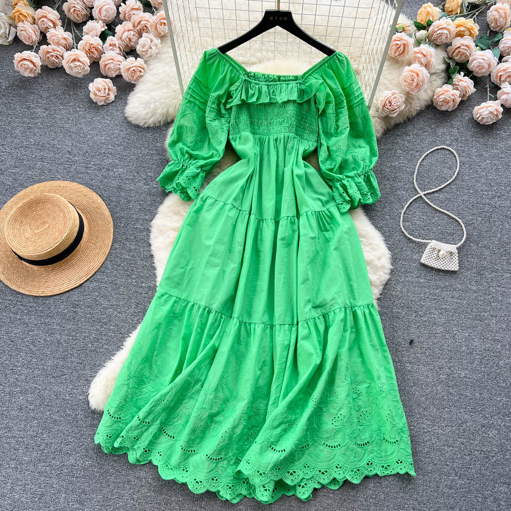 

2023 Casual Dresses Summer Summer New Fashion Hollow Out A-line Dress Women Square Neck Short Sleeve Elastic Waist Solid Color Casual Clothes Vestidos, Same as picture