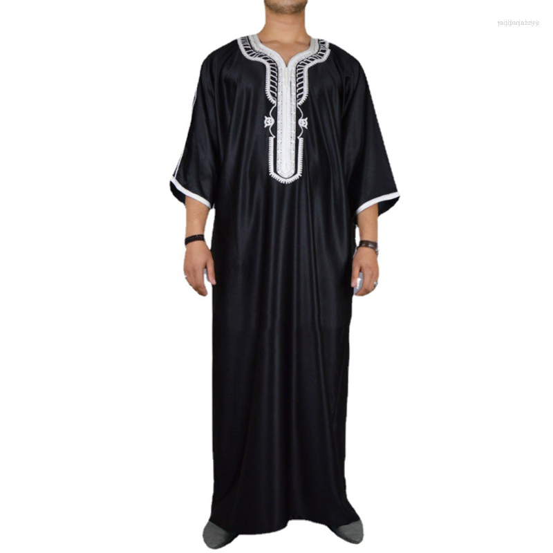 

Ethnic Clothing Muslim Fashion 2023 Spring Summer Men V-neck Black Polyester Long Jubba Thobe