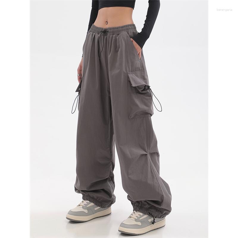 

Women' Pants Women Streetwear Wide Leg Elastic Waist Dark Grey Hip Hop Cargo Casual Vintage Straight Overalls High Street Y2K