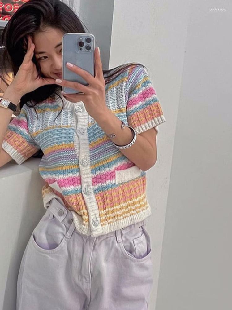 

Women's Knits Summer Elegant Multicolour Knitted Short Sleeve Cardigan Women 2023 Korean Design Single Breasted Casual Top, Photo color