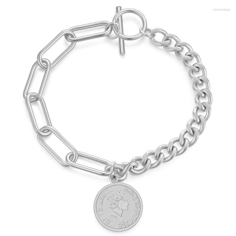 

Link Bracelets Chain Elizabeth Coin Bracelet Stainless Steel Bangles Toggle Clasp Wristband For Woman Girl Fashion Jewelry Raym22