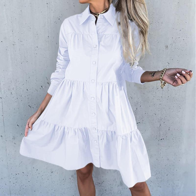 

Casual Dresses 2023 Spring White Shirt For Women Vestidos Summer Lapel Long Sleeve Buttons Ruffles Dress Elegant Office Lady Work, Black