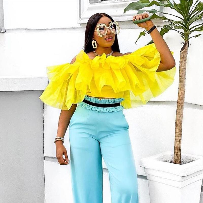 

Women' T Shirts 2023 Socialite Style Fashionable Women' Clothing Off-Neck Stitching Net Falbala Pleated Slim Short Shirt Top For Women, Yellow