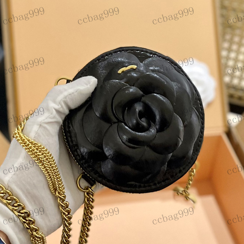 

Designer Ladies Round Cake Makeup Bag Leather Classic Camellia Hardware Metal C Buckle Small Pendant Gold Chain Crossbody Bag Handbag Key Bag Mini Princess Bags 13cm, Black