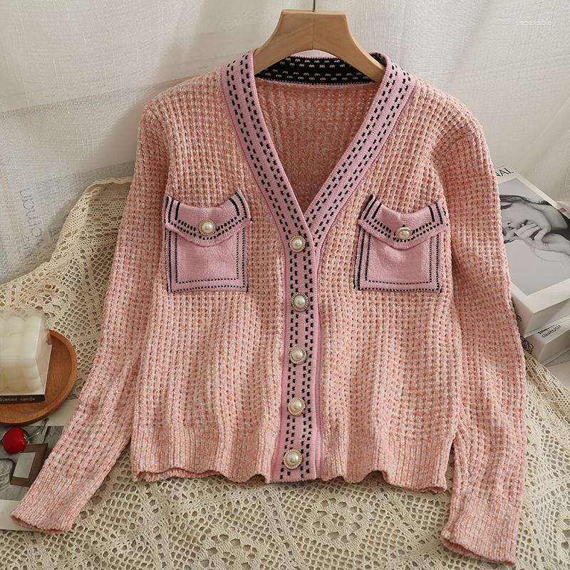 

Women's Knits Women Long Sleeve Cardigan Loose Knit Top Vintage And Elegant Korean Fashion Sweater Coat Y2k Autumn Single Breasted Clothes, Pink