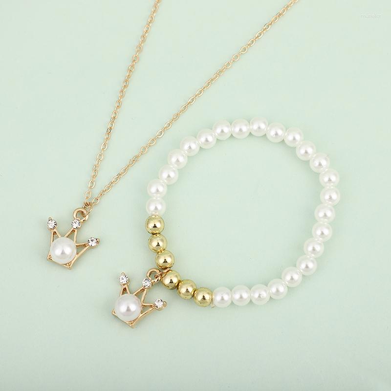 

Necklace Earrings Set Children's Jewelry Imitation Pearl Baby Princess Elastic Bracelet Cute Crown Pendant For Girls Christmas Gifts, Picture shown
