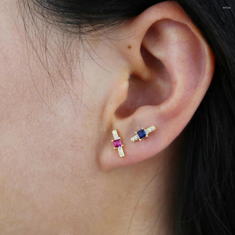

Stud Earrings 2023 Gold Plated Korean Colorful Square Cz Paved Bar Earring With Fine 925 Sterling Silver For Girl Wedding Jewelry