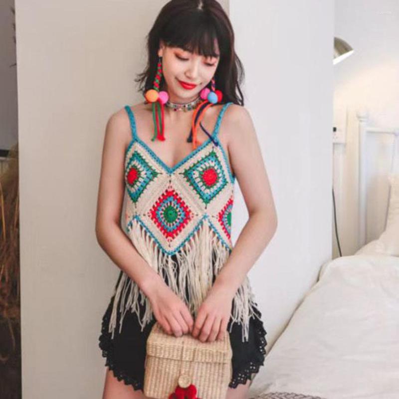 

Women's Tanks Women Knitted Crochet Tank Tops Sexy Sling Sleeveless Tassel Beach Boho Summer Casual Korean Colours Diamond Slim Crop, Green