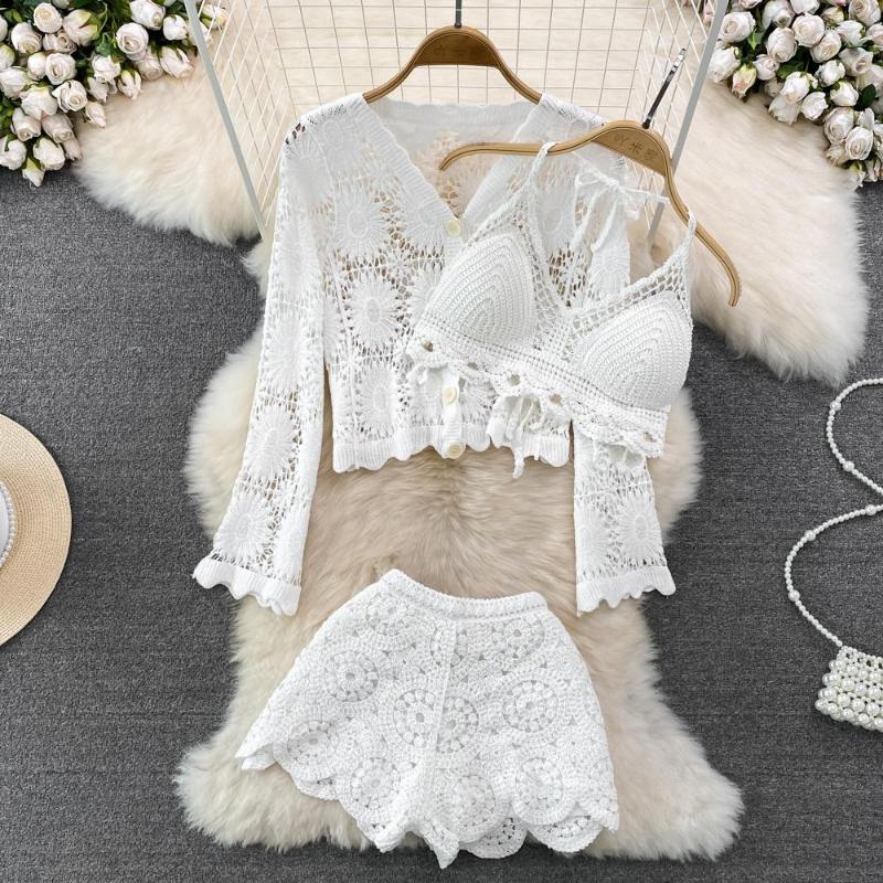 

Women's Tracksuits Holiday Fashion SuitS Women's Hollow-out Cardigan Coat Three-piece High Waist Wide Leg Shorts Vest, White