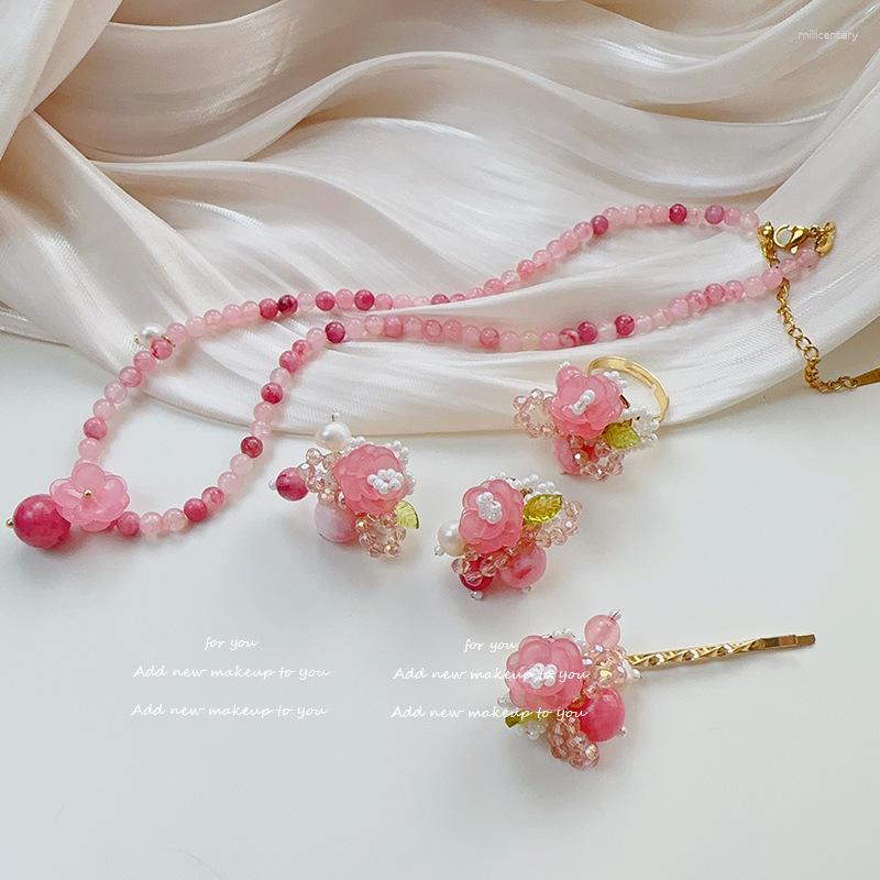 

Dangle Earrings Cute Peach Color Beading Stud Romantic Girl Jewelry Set Necklace Ring