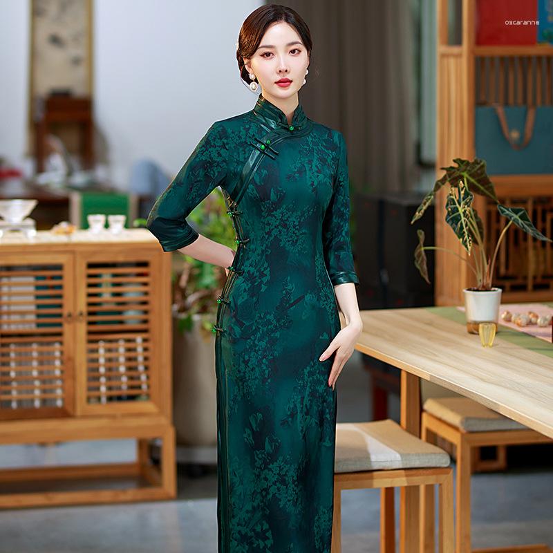 

Ethnic Clothing Autumn Elegant Mandarin Collar Printed Satin Qipao Seven Points Sleeve Rayon Long Style Cheongsam Chinese Women Dress