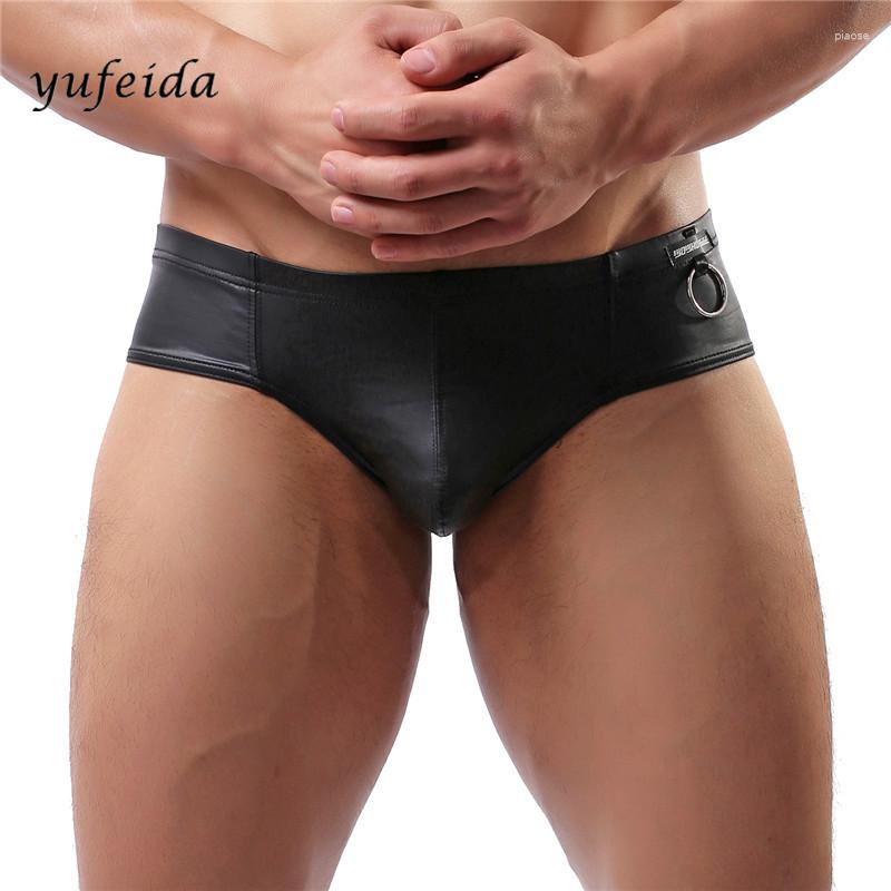 

Underpants Men Sexy Underwear Black Faux Leather Briefs Men's Skinny Big Pouch Panties Low-waist Slip Hombre