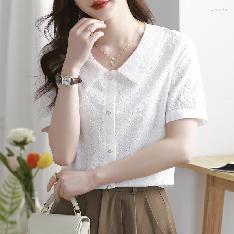 

Women' Blouses Summer Women' Short Sleeved Lapel Cotton Embroidered Elegant Top Womens Tops And Blusa Feminina Mujer Blusas C519, White