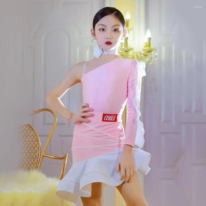 

Stage Wear One Side Sleeve Tops Lotus Skirt Kids Latin Dance Dress For Girl Competition Ballroom Dancing Costume NY10 2655 2656