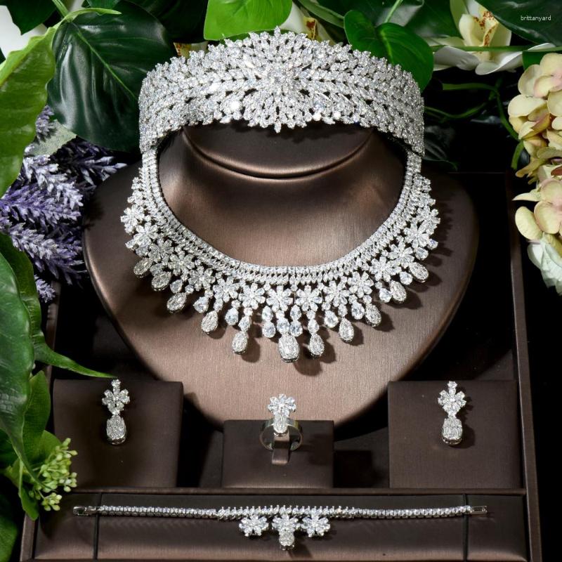 

Necklace Earrings Set Fashion 5pcs Full Cubic Zirconia Bracelet Adjustable Ring Earring Sets For Women Nigeria Wedding Bridal N-1631, Picture shown