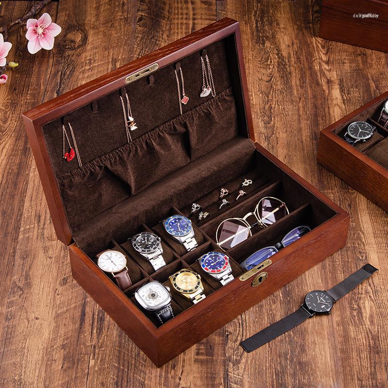 

Watch Boxes Luxury Box Case Wood Glasses Storage With Lock Sunglasses Necklace Jewelry Display Brown Organizer For Men