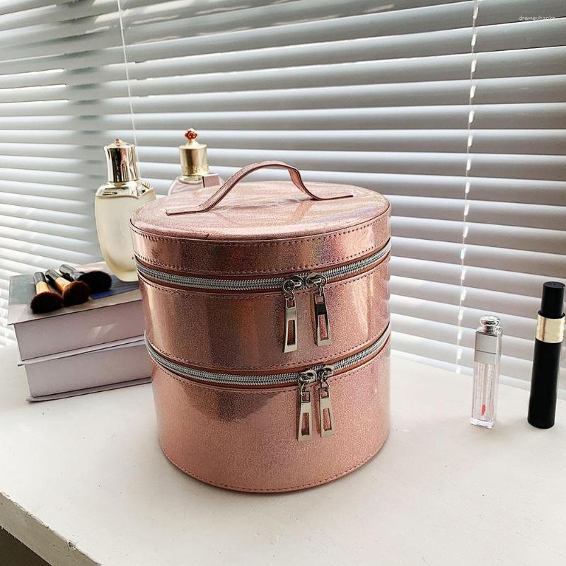 

Cosmetic Bags PU Skincare Storage Box Zipper Barrel-shaped Jewelry Case Double-layer Waterproof Bright-faced Women Gifts For Daily Use, Rose gold