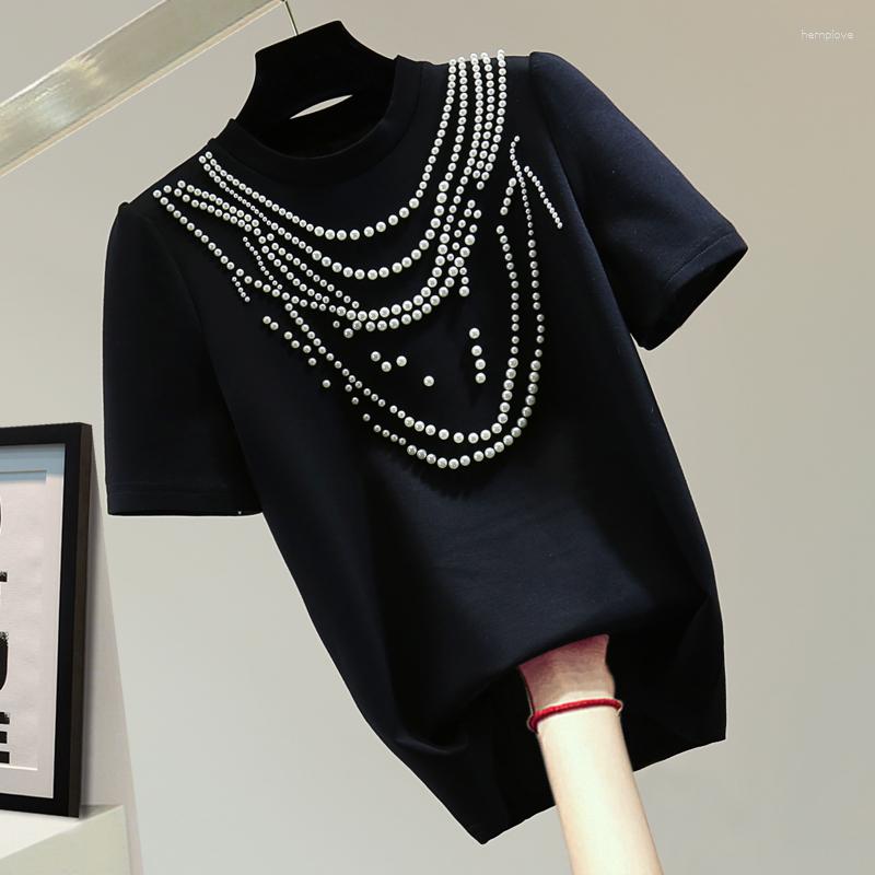 

Women' T Shirts Women Beaded T-shirt 2023 Summer Loose Black T-shirts Womens Short Sleeve Straight-Leg Top Fashion Bead Shirt Girls Tees