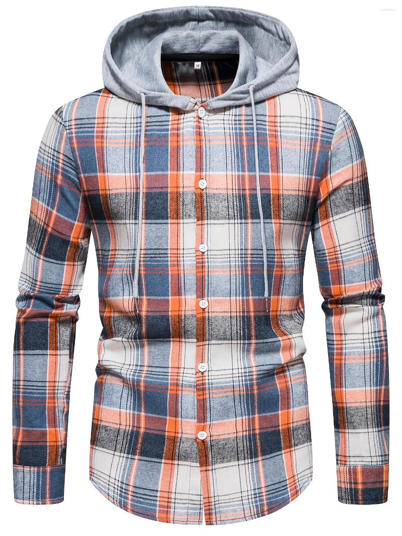 

Men's Casual Shirts Fashion Plaid Scrubs Long Sleeve Hooded Shirt, Orange-red