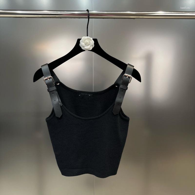 

Women's Tanks PREPOMP 2023 Summer Collection Sleeveless Pu Buckle Round Neck Slim Knitted Tank Top Women Vest 709, Black