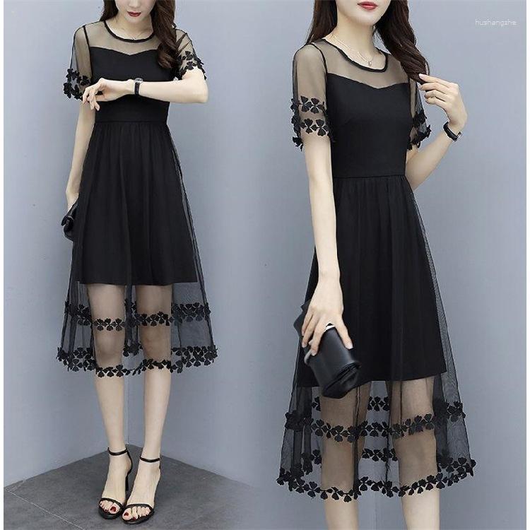 

Casual Dresses Women's Mesh Splicing Lace Mid Length Dress Large Slim, Black