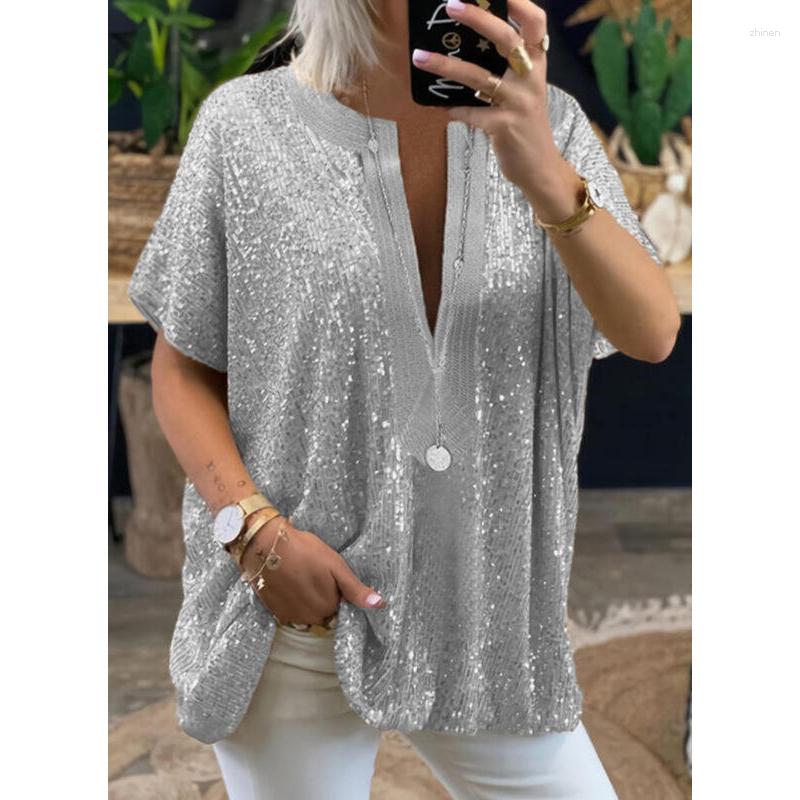 

Women' Blouses 2023 Fashion Elegant Casual Tops Summer Short Sleeve V Neck Sequin Shirts And For Woman Loose Streetwear Blusas 26546, Silver