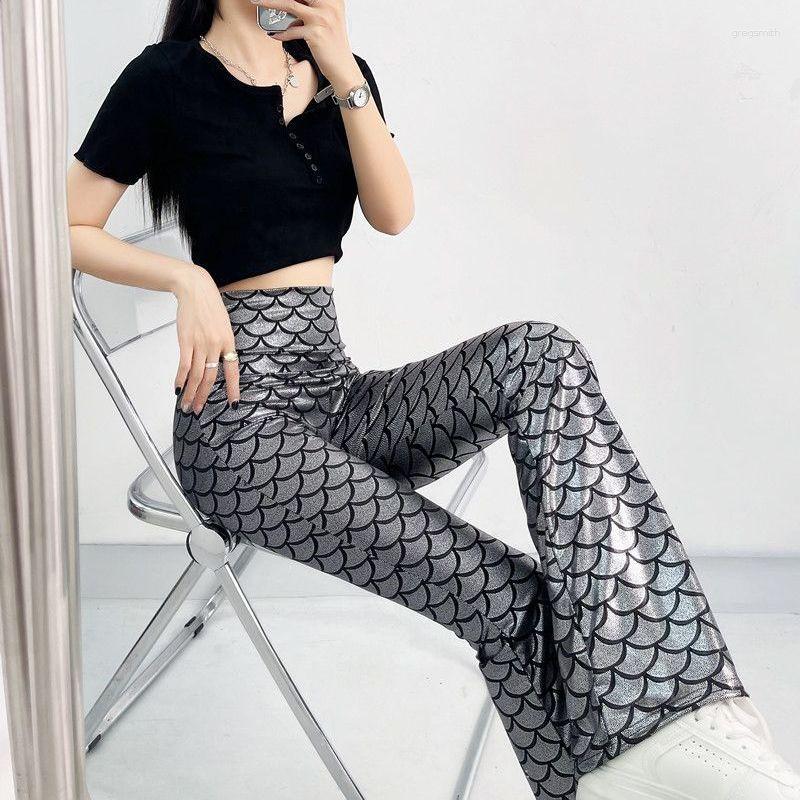

Women's Pants Gold Stamping Fish Scale Flare European Aesthetics Women Checker High Waist Elastic Thin Long Y2K Streetwear, Blue
