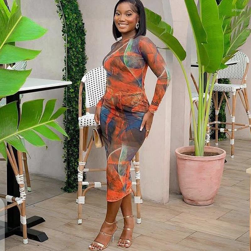 

Casual Dresses See Through Mesh Y2K Print Midi Dress Outfits Bodycon Long Sleeve Women Summer Clothes Vestido Backless Streetwear Sundress