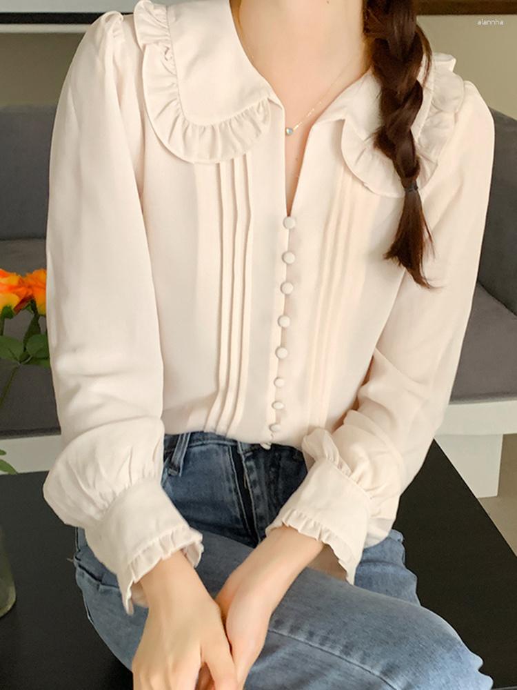 

Women' Blouses Women Doll Collar Long Sleeve Top Blouse Elegant Sweet Apricot Shirt 2023 SpringSummer Office Single-Breasted