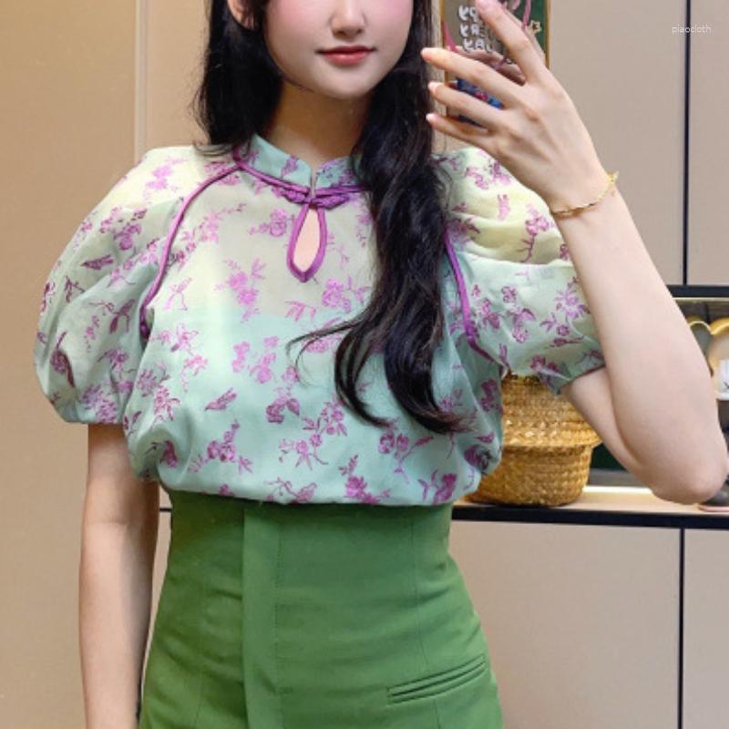 

Women's Blouses Neploe Embroidery O Neck Transparent Camisas Chinese Heavy Short Sleeve Women Tops 2023 Summer Hollow Out Vintage, Green