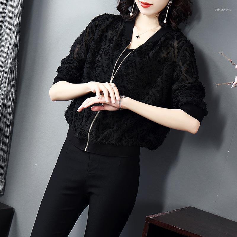 

Women's Jackets 2023 Spring Autumn Female Korean Casual Long-sleeved Flocking Baseball Uniform Jacket Women's Thin Loose Fashion Coat, Black