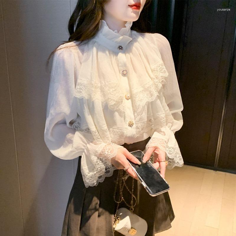 

Women' Blouses Vintage Long Sleeve Blouse Fashion Korean Women Stand Collar Chiffon Shirts Ruffles Lace Elegant Femme Tops Blusas 23057, Apricot