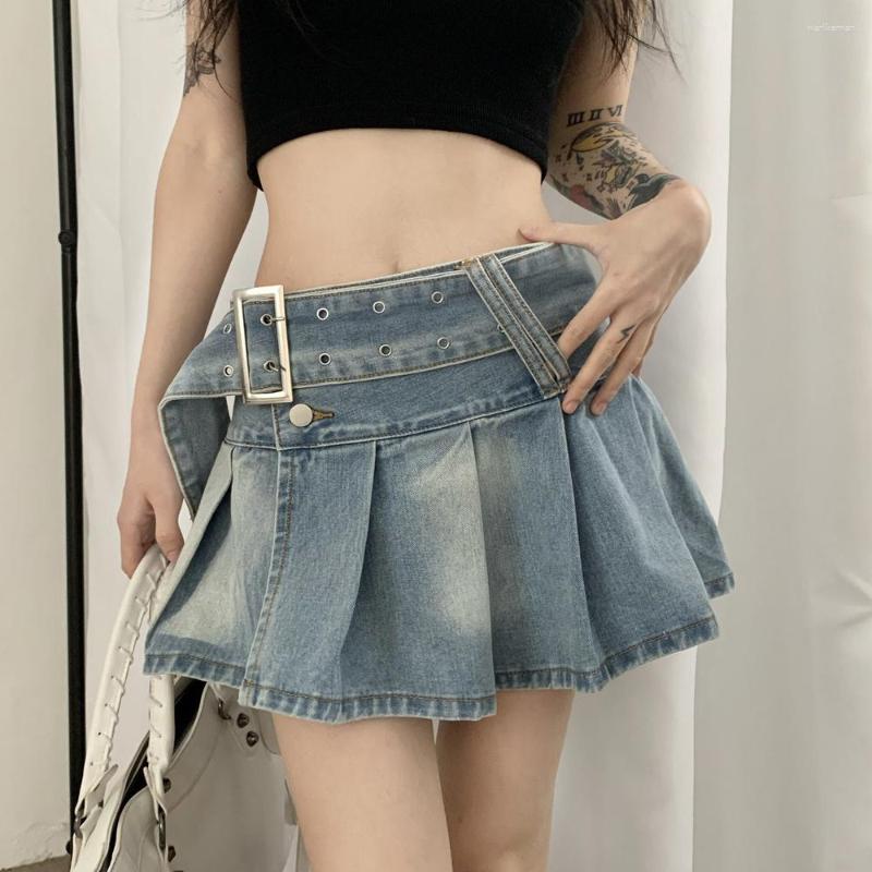 

Skirts Y2k Denim Pleated Mini Casual Woman Fashion Korean Style High Waist Slit Skirt A Line, Blue